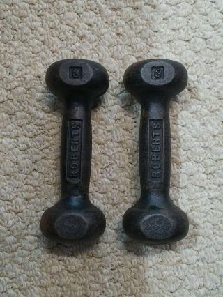 Antique Roberts Cast Iron Dumbbell Hand Weights 3 - Lbs Vintage Roundhead