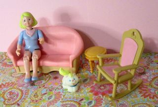 Fisher Price Loving Family Dollhouse Pink Couch Rocking Chair Cat Mom End Table