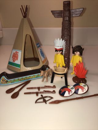 Vintage Playmobil Native American Indian Set W/teepee,  Totem Pole,  Canoe