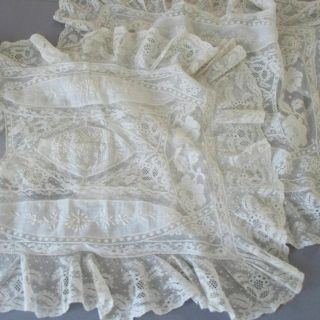 Pr Antique Creamy French Normandy Lace Pillow Covers Embroidered Flowers 20 " X16 "