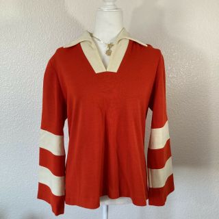Vintage 70s Red Polo Shirt Wide Collar Arm Stripes