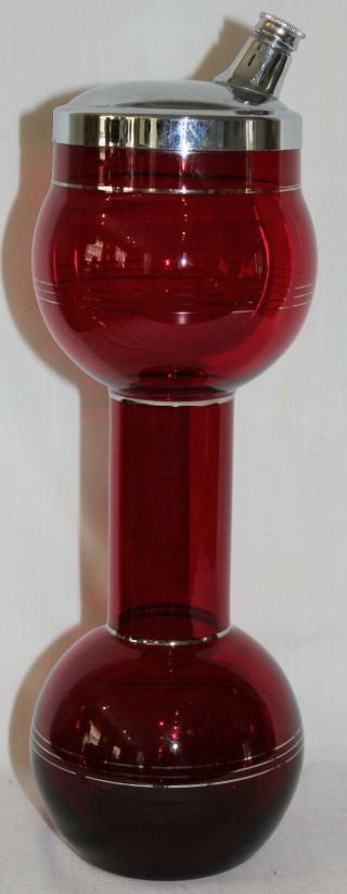 1930s Antique Art Deco Blown Cranberry Glass Barbell Shaker - Stunning