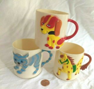 Vintage 3 Pc Plastic Stained Cat Dog Horse Animal Themed Stackable Kids Cup Mugs