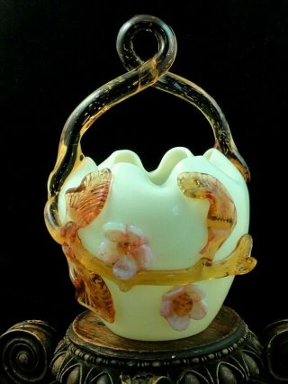 19th C Antique Bohemian Harrach Art Glass Basket Applied Pink Opalescent Flower