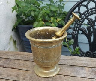 Old Antique 18th Or 19th Century Heavy Brass Mortar & Pestle