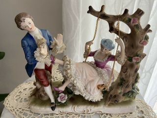 Vintage Victorian Man & Lady Couple Figurine On Swing Porcelain Lace