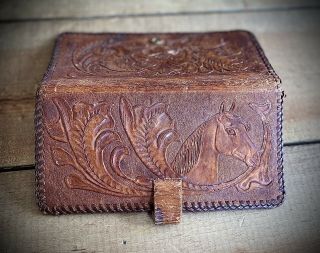 Vintage 1940s 50s Hand Tooled Leather Ladies Wallet Figural Horse Art Deco