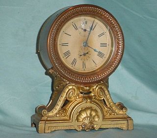 Antique Circa 1910 Seth Thomas Long Alarm Copper Brass Shelf Mantle Clock