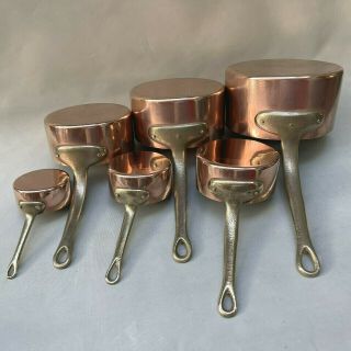 Vintage French Set Of 6 Kitchen Copper Pans,  Retro Cooking Metalware