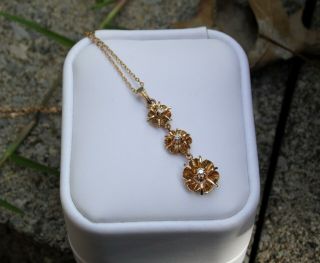 Antique Vintage Solid 10k Yellow Gold Diamond Lavalier Necklace Pendant & Chain