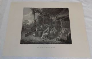 Mid - 1800s Antique Print 17x23” // Rural Scene Of The Card Game
