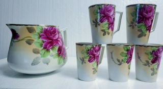 Antique Hand Painted Nippon Lemonade Set Pitcher & 5 Mugs/cups Roses,  Gold Gilt
