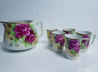 Antique Hand Painted Nippon Lemonade Set Pitcher & 5 Mugs/Cups Roses,  Gold Gilt 2