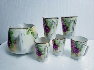 Antique Hand Painted Nippon Lemonade Set Pitcher & 5 Mugs/Cups Roses,  Gold Gilt 3