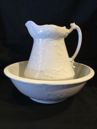 Exceptional W.  H.  Grindley Antique Embossed White Ironstone Wash Pitcher And Bowl