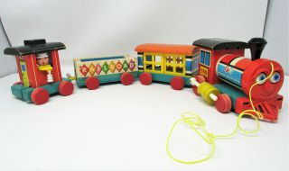 Vintage 1963 Fisher Price 999 Huffy Puffy Train,  3 Cars Pull Along Wood Wooden