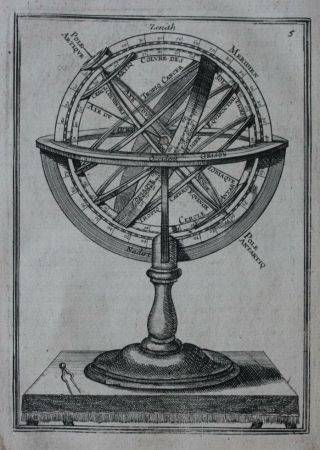 Antique Print Armillary Sphere,  Astronomical Instrument,  Mallet,  1683