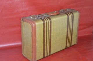 Vtg 21 " X14 " Striped Tweed Suitcase Luggage W/ Keys Antique 30s 40s Green Brown