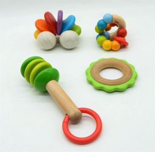 Haba Wooden Baby Toy Bundle Rattle Ring Car & Rainbow Twisty Toy