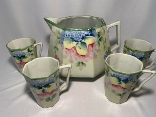 Antique Nippon Pitcher & 4 Mugs Cups Hand Painted Lemonade Set -