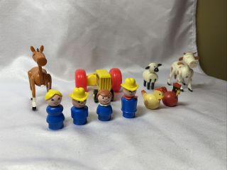 Vintage Fisher Price Farming Family Blue Horse,  Cow,  Sheep,  Rooster And Chicken