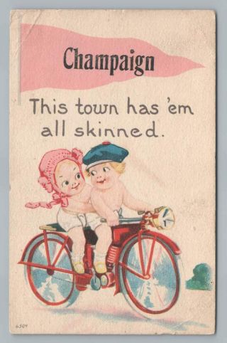 Babies Riding Motorcycle " Town Has Em Skinned " Champaign Il Rare Antique 1915