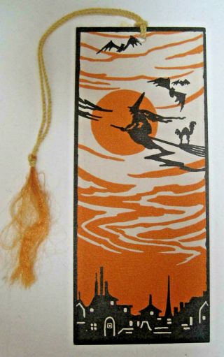 Vintage Volland Halloween Tally Card Art Deco Witch Moon Cat Bats 1920s
