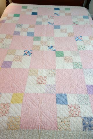 Vintage Handmade & Stitched 9 Block Patchwork Quilt Quilted Fabric 82 " X 82 "