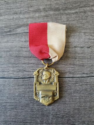 Vintage Swimming Brass Medal And Ribbon Art Deco Nouveau School Swim (j845)