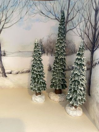 Vintage Miniature Wee Forest Folk Snowy Winter Sculpted Clay Pine Trees Trio