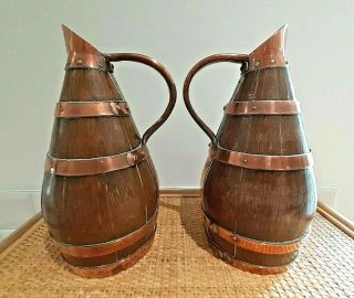 Lovely Matching Antique French Copper And Brass Coopered Oak Cider Jugs