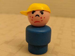 Vintage Fisher Price Little People Wood Blue Mad Boy/bully Yellow Cap - Rare