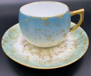 Antique Limoges Demitasse Espresso Cup Saucer Set Green Gold Blue Round Shape
