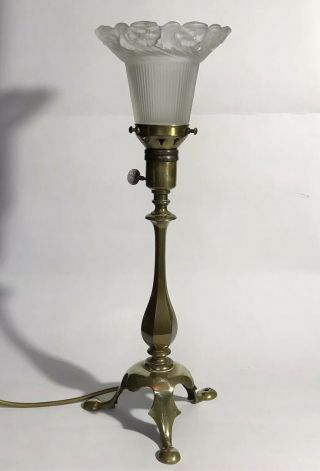 Antique Vintage Brass Pullman Table Lamp & Art Nouveau Style Frosted Glass Shade