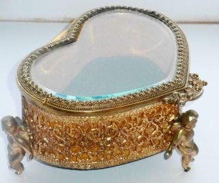 Unusual Antique Old Vintage Cherub Heart Shaped Ormolu Jewellery Box Glass Lid