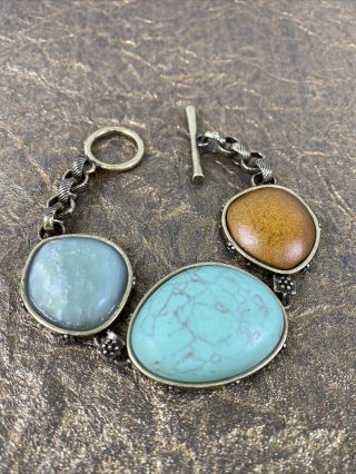 Lucky Brand Turquoise Boho Bracelet Antiqued Gold Tone Toggle Clasp Statement