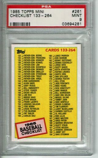 1985 Topps Mini 261 Checklist Cl Psa 9 Low Pop Very Rare Issue