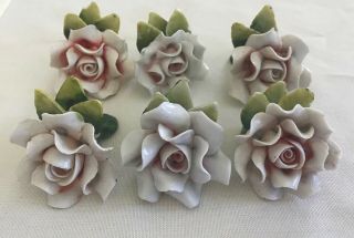 Antique Set 6 Germany Porcelain 3d Flower Pink And White Rose Place Card Holders
