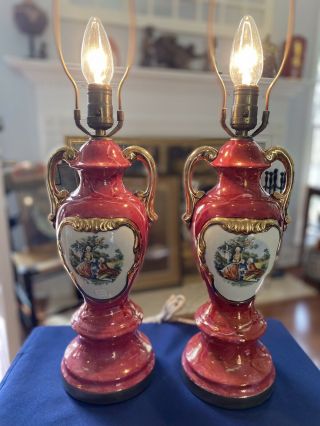 French Urn Style Lamps (pair) In Rosy Red Porcelain,  Courting Couple Scene