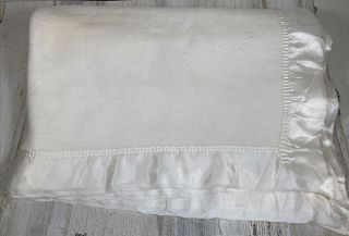 Vtg Beacon Acrylic Baby Blanket White Nylon Satin Trim Lovey 37”x45”