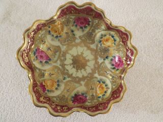 Antique Nippon Moriage Beads Gold Gilt & Hand Painted Roses 10 " Serving Bowl