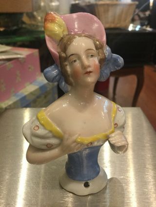 Antique German Porcelain Half Doll With Pink Bonnet