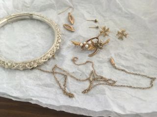 Nine Carat Jewellery Items Some - Scrap/antique Seed Pearl Brooch Silver Bangle