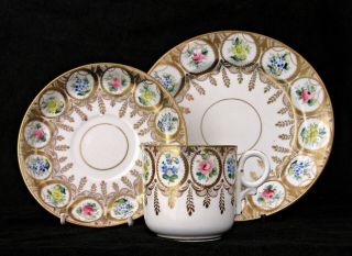 Antique Porcelain Tea Trio,  Hand - Painted Roses & Flowers,  Brown - Westhead Moore