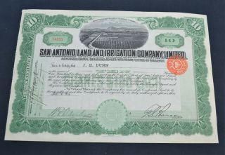 San Antonio Land And Irrigation Company,  Limited 1912 Antique Stock Certificate