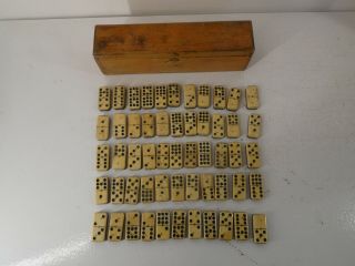 Antique Double Nines Set Of Bone/ebony Dominoes W/wooden Box 55 Piece Set F17