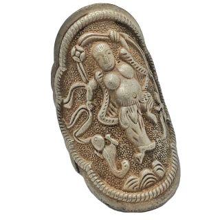 Antique Chinese Ring - Dancer Image - Old Asian Artwork Jewelry - Silver Tone