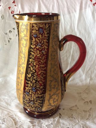 Antique Large Size Bohemian Gold Gilded & Enamel Ruby Red Glass Jug
