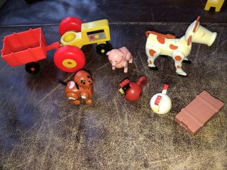 Vintage Fisher Price Farm Animals And Tractor Cow Pig Chickens Dog Look