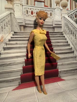 Vintage Barbie Gold Yellow Silk Shantung Sheath Dress,  Ot Mules Purse Exc No Doll